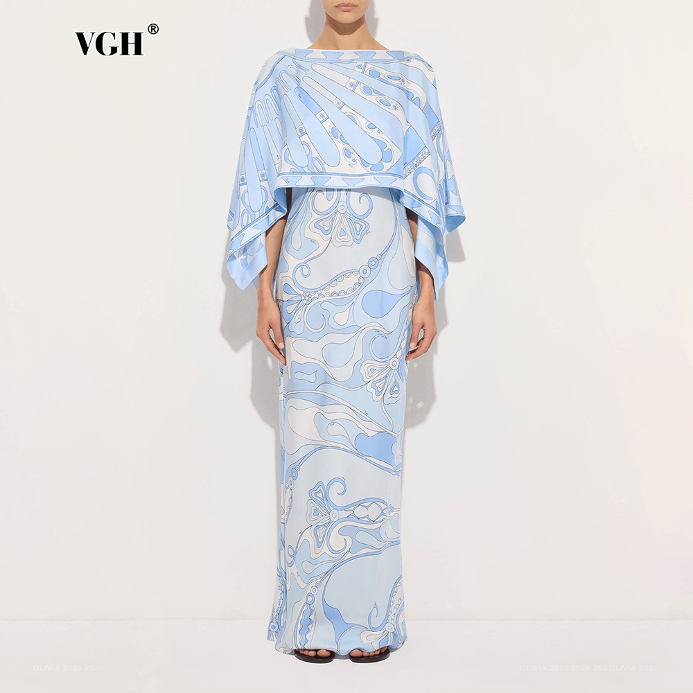 Women Formal Wear For Summer - VGH ライトブルーの抽象柄プリントツーピースセット、女性用ボディコンドレススーツ、ボートネック、ゆったりデザインのケープ付き、結婚式のゲストやガラに最適