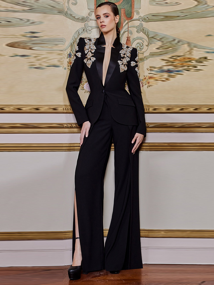 Female Formal Wear - ハイストリート 最新2026年 デザイナースーツ レディース ビーズダイヤモンド スタンドカラー