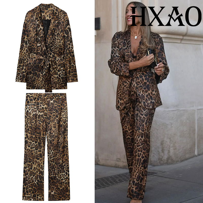 Female Formal Wear - HXAO レオパード柄パンツスーツ 2ピースセット ヴィンテージ風ロングブレザー ジャケット ツーピースセット