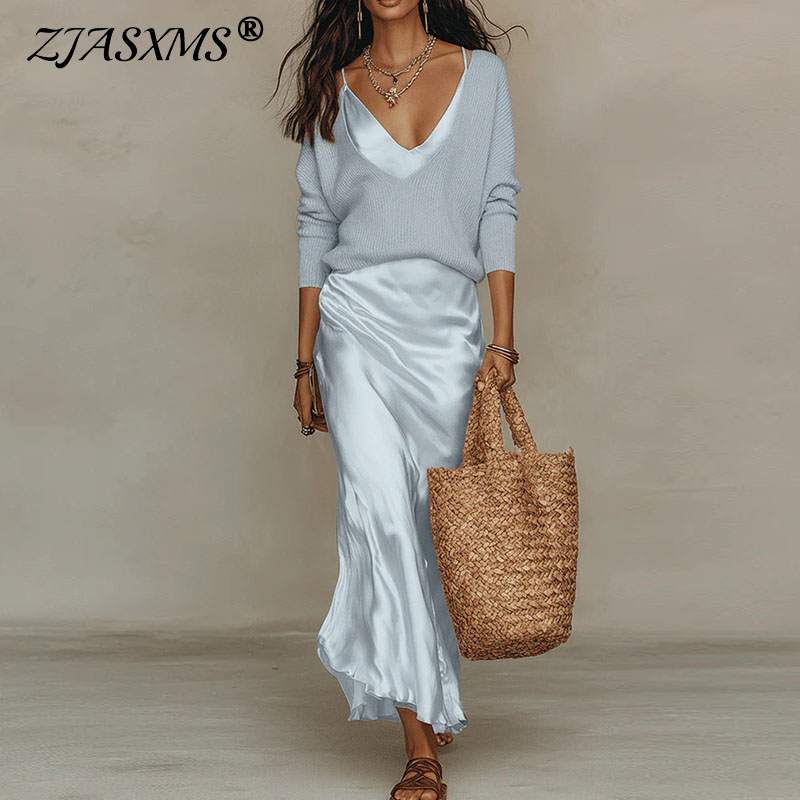 Women Formal Wear For Summer - エレガントなVネック、スリムフィットのオフィス向けツーピースセット、2026年春、長袖ルーズニットセーター、夏用ノースリーブサテンレディーススーツ