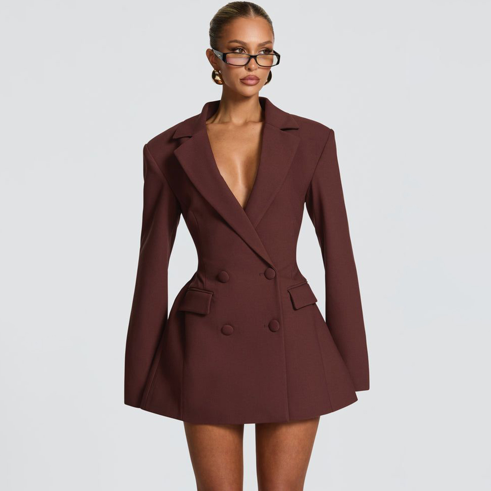 Women'S Formal Jackets To Wear With Dresses - エレガントなレディースブラウンフレアブレザードレス、ダブルブレストノッチドラペル、フォーマルなイブニングパーティーウェア、シックなワンピースジャケットセット