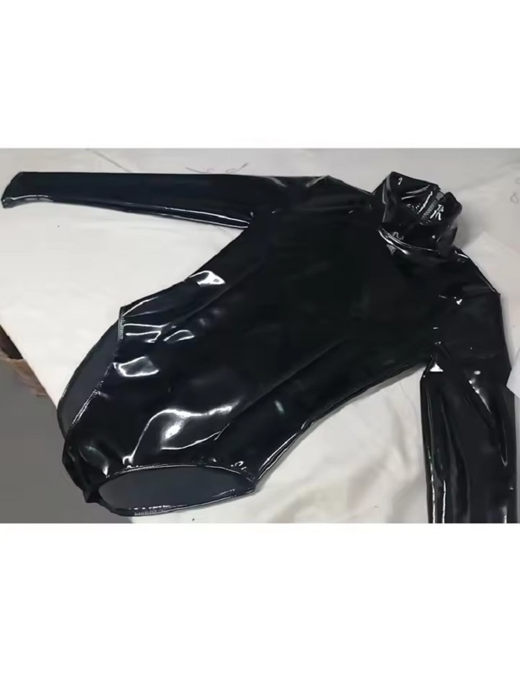 Turtleneck Bodysuit Office - レディースフェイクラテックス PVC ミラープリントレオタード ゴシック タートルネック 長袖ボディスーツ