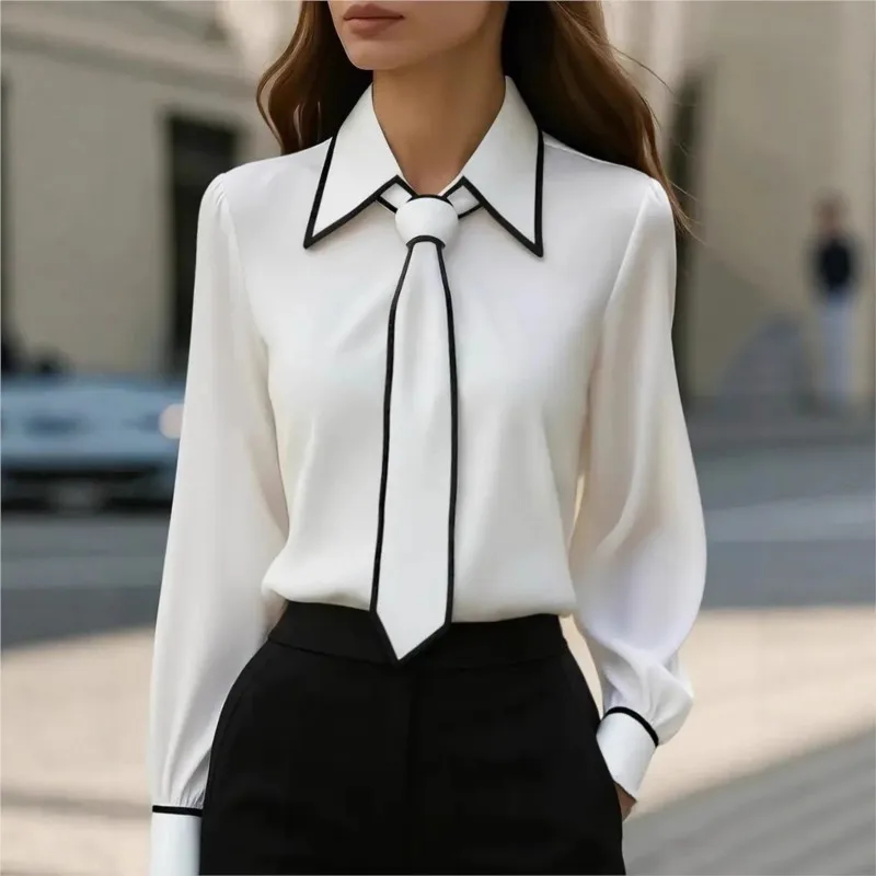 Women'S Formal Wear Suit - 女性のブラウスファッションシャツフォーマル蝶ネクタイ長袖コントラストトリムトップススリムフィット作業服エレガントなオフィスレディシャツ女性