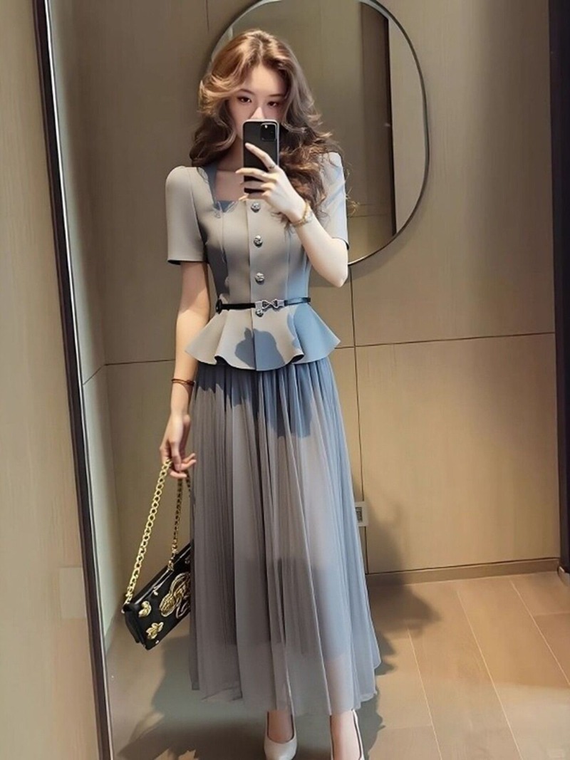 Women Formal Wear For Summer - 新作夏韓国ファッションレディーススーツ高級エレガントスクエアカラースリム半袖トップス＋ハイウエストメッシュスカート2点セット