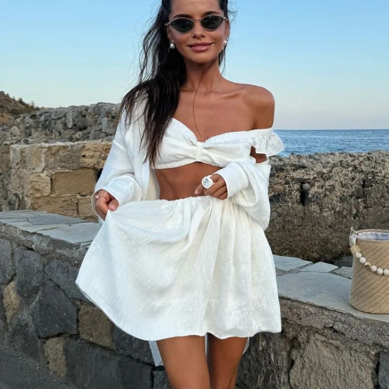 Women Formal Wear For Summer - タンクトップ パフスリーブ ミニスカート ツーピースセット レディース 夏