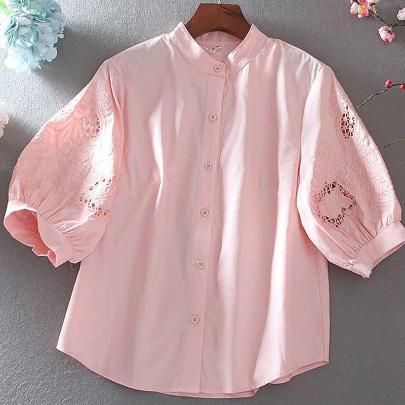 Women'S Formal Wear Suit - 女性用透かし彫り刺embroideredシャツ,スタンドアップカラーの純綿トップス,ゆったりとしたフィット感,ランタンスリーブ,気質,夏,2022