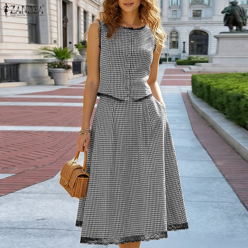 Women Formal Wear For Summer - エレガントな女性 2 ピースセット ZANZEA 夏ノースリーブチェック柄パッチワークベストトップスドレスセットスタイリッシュな OL