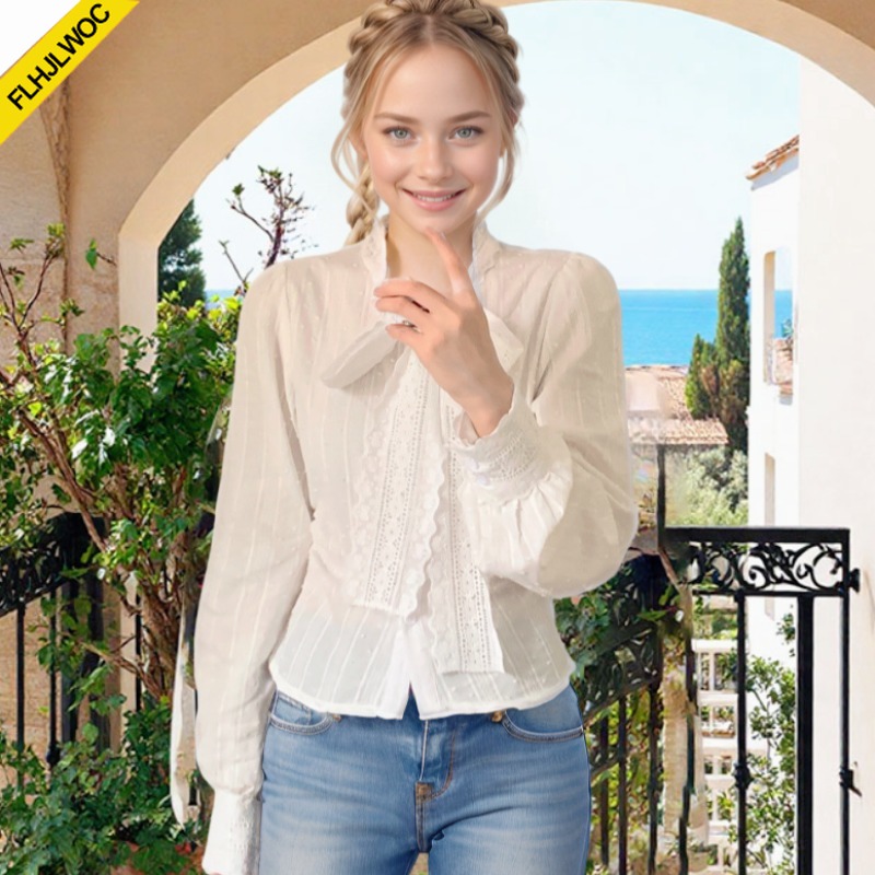 Formal Wear Japan Women - レトロヴィンテージレース蝶ネクタイトップスかわいい女の子春秋の基本的な摩耗エレガントなフォーマルシングルブレストボタン固体白シャツ