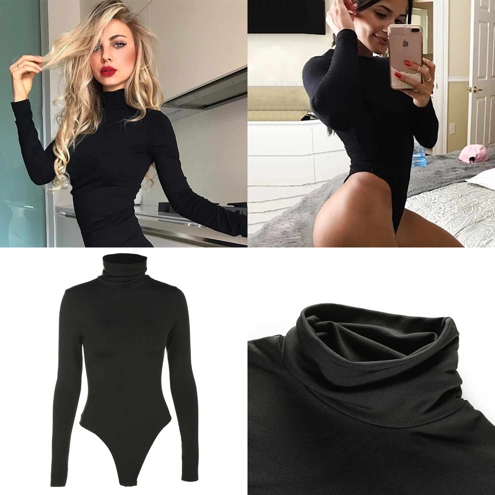 Turtleneck Bodysuit Office - タートルネックボディスーツ レディース 長袖 無地 ベーシックボディスーツ ジャンプスーツ