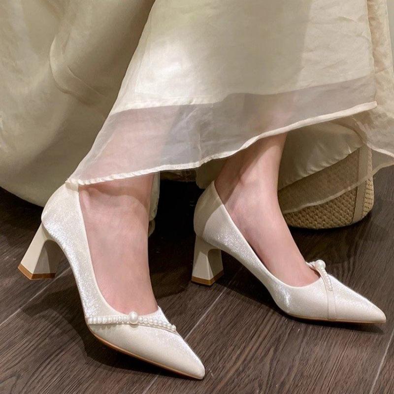 Women Formal Wear For Summer - エレガントなパール装飾のポインテッドトゥブロックヒール、優しいスタイルのコンフォートパンプス、女性用クラシックオフィスドレスシューズ