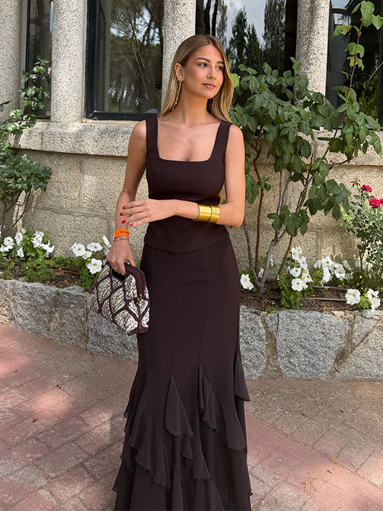 Women Formal Wear For Summer - エレガントなパッチワーク女性のトップスカートスーツノースリーブスクエアカラースリングベストフリル裾スカート 2026 夏の女性の衣装新しい