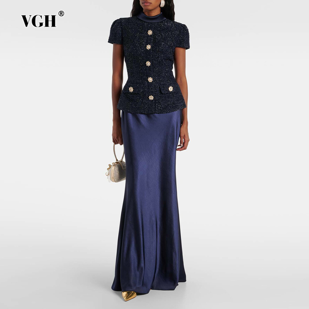 Female Formal Wear - VGHシックなツーピースセット レディース スタンドカラー 半袖 スプライス ポケット
