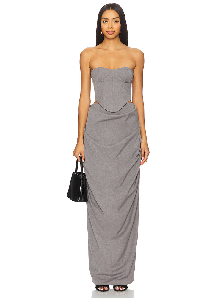 Female Formal Wear - グレーのオフショルダーコルセットルーシュードドレスセット2026 レディース エレガントフォーマルガウン イブニングパーティードレス シックなデザインセンス ロングドレス