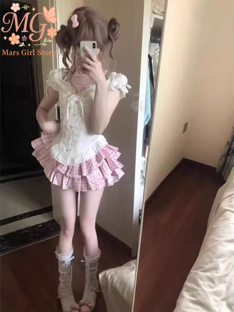 Women Formal Wear For Summer - 日本の可愛いロリータ風スイートツーピースセット レディース ピンク Y2K リボン付きキュートミニスカートスーツ 女性用