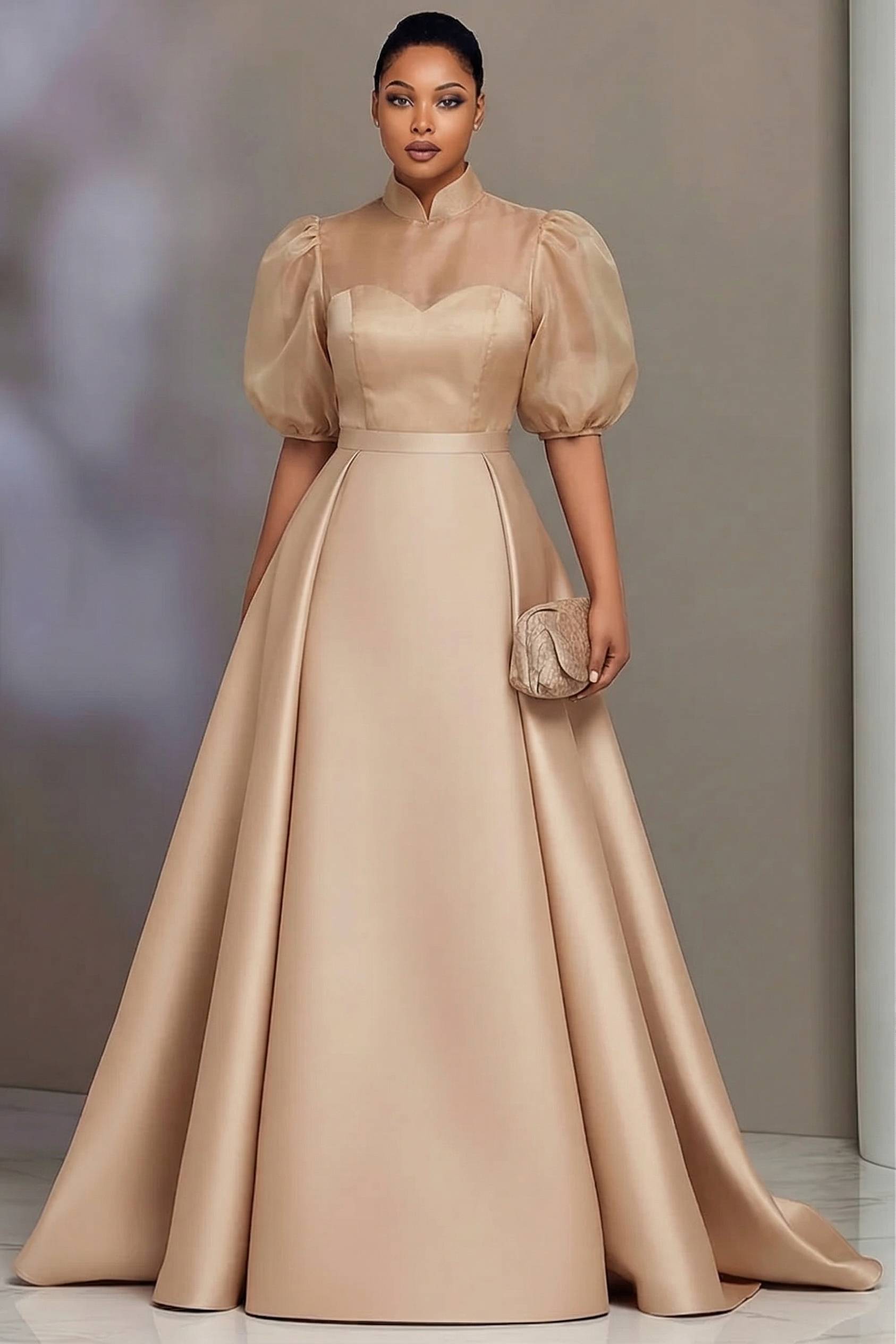 Female Formal Wear - プラスサイズ エレガント サテン プロムドレス レディース スタンドカラー