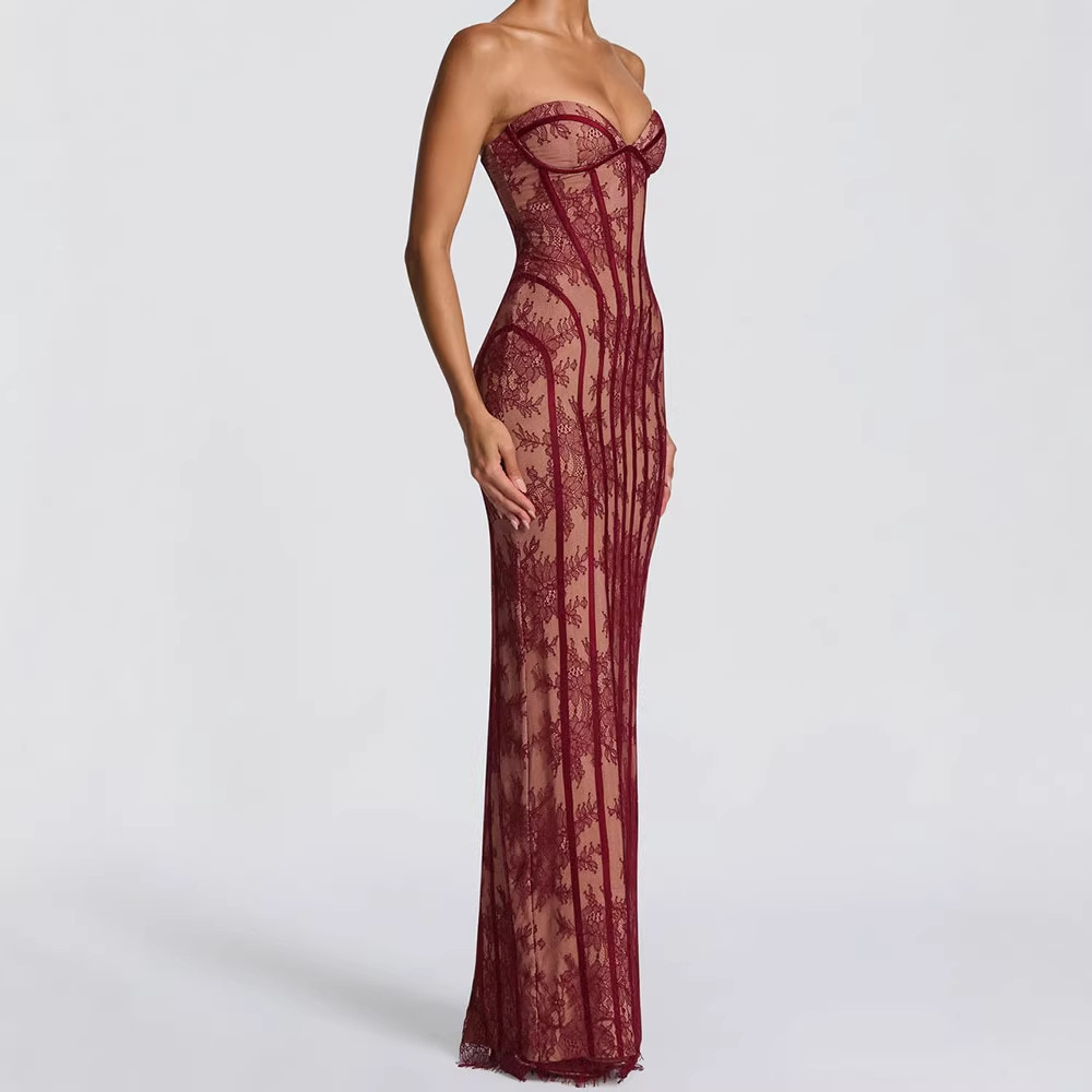 Women Formal Wear For Summer - ストラップレスボディコンマキシドレス レディース 2026 ストライプ柄 バックレス エレガント