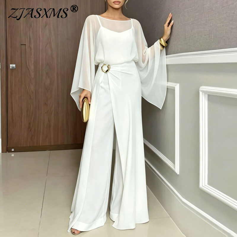 Female Formal Wear - 女性フォーマルジャンプスーツ 2 個セットシアーフレアスリーブハイウエストスプリットオーバーレイワイドプレイスーツスーツイブニングプロム結婚式ロンパース衣装