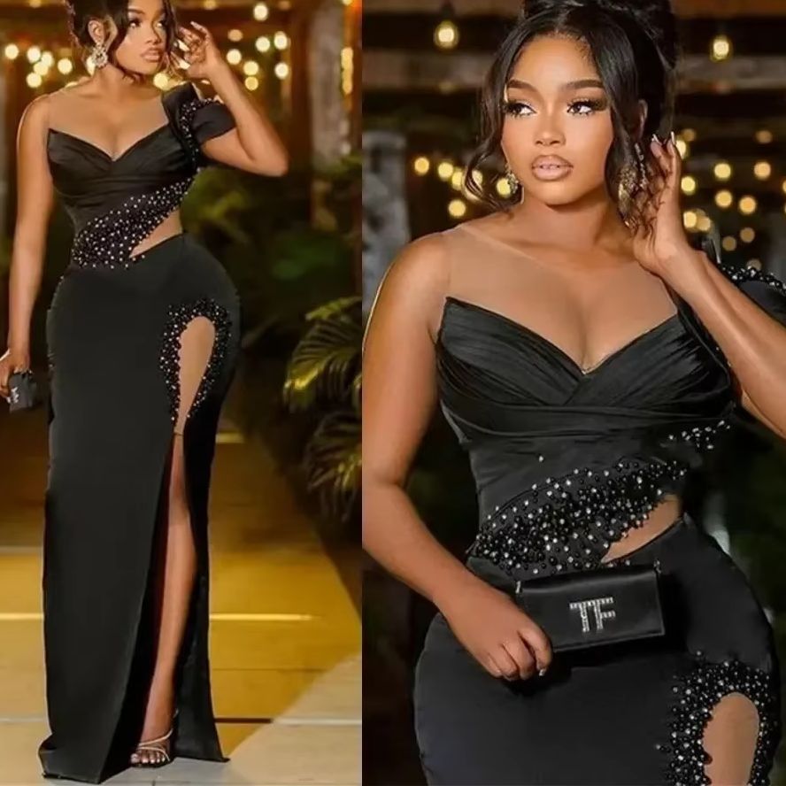 Women'S Formal Wear Plus Size - サテン生地のプラスサイズフォーマルドレス、アソエビ、パーティープロムガウン、セクシーな黒のイブニングドレス、シアーネック、ビーズ刺繍、アラビアンスタイル（女性用）