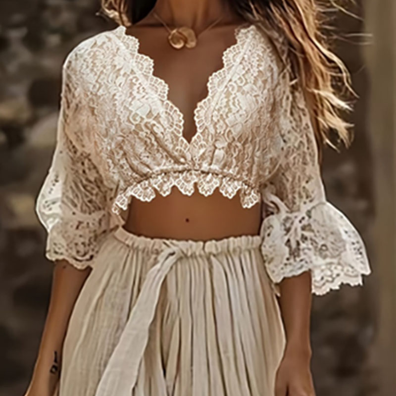 レディースボヘミアンレースツーピースセット セクシーディープ - Female Formal Wear のレビューと価格