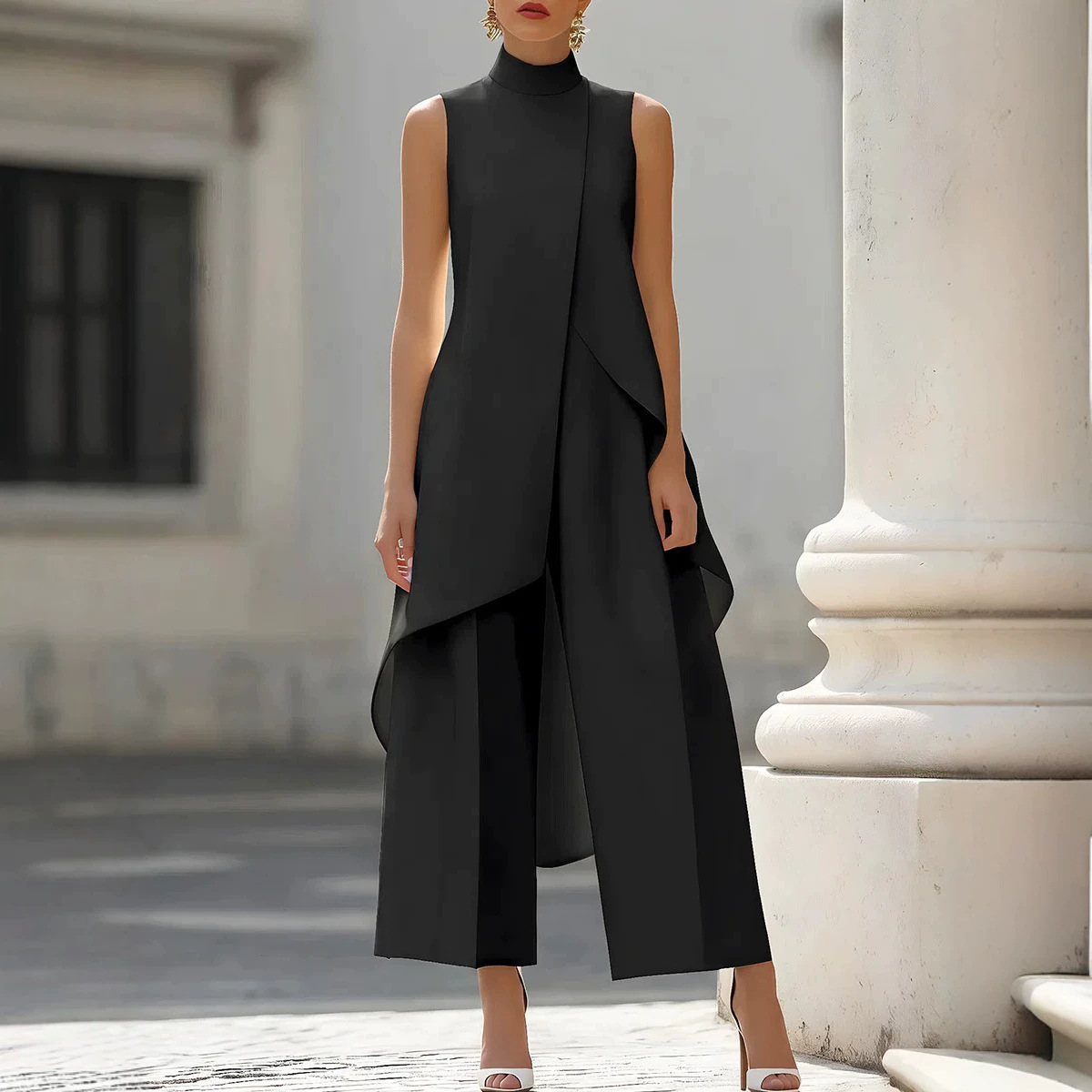 女性用スタンドネックノースリーブレイヤードロングベストとワイ - Female Formal Wear のレビューと価格