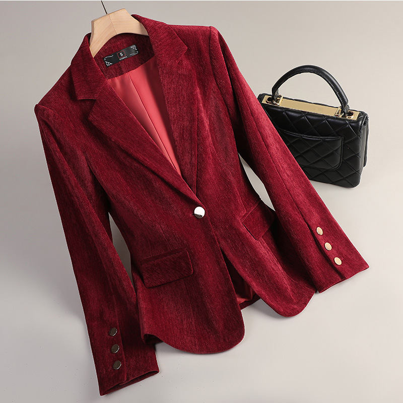 イエローゴールドベルベットブレザー女性秋冬カジュアルスーツフ - Women'S Formal Wear Jackets のレビューと価格