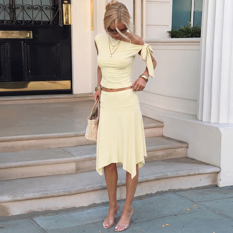レディース2ピースセットアップ オフショルダー リボンタイ  - Women Formal Wear For Summer のレビューと価格