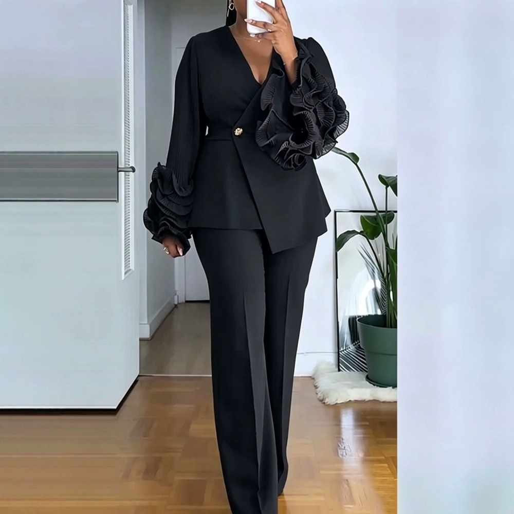 レディース 2 ピース パンツ スーツ ディープ V フリル - Female Formal Wear のレビューと価格