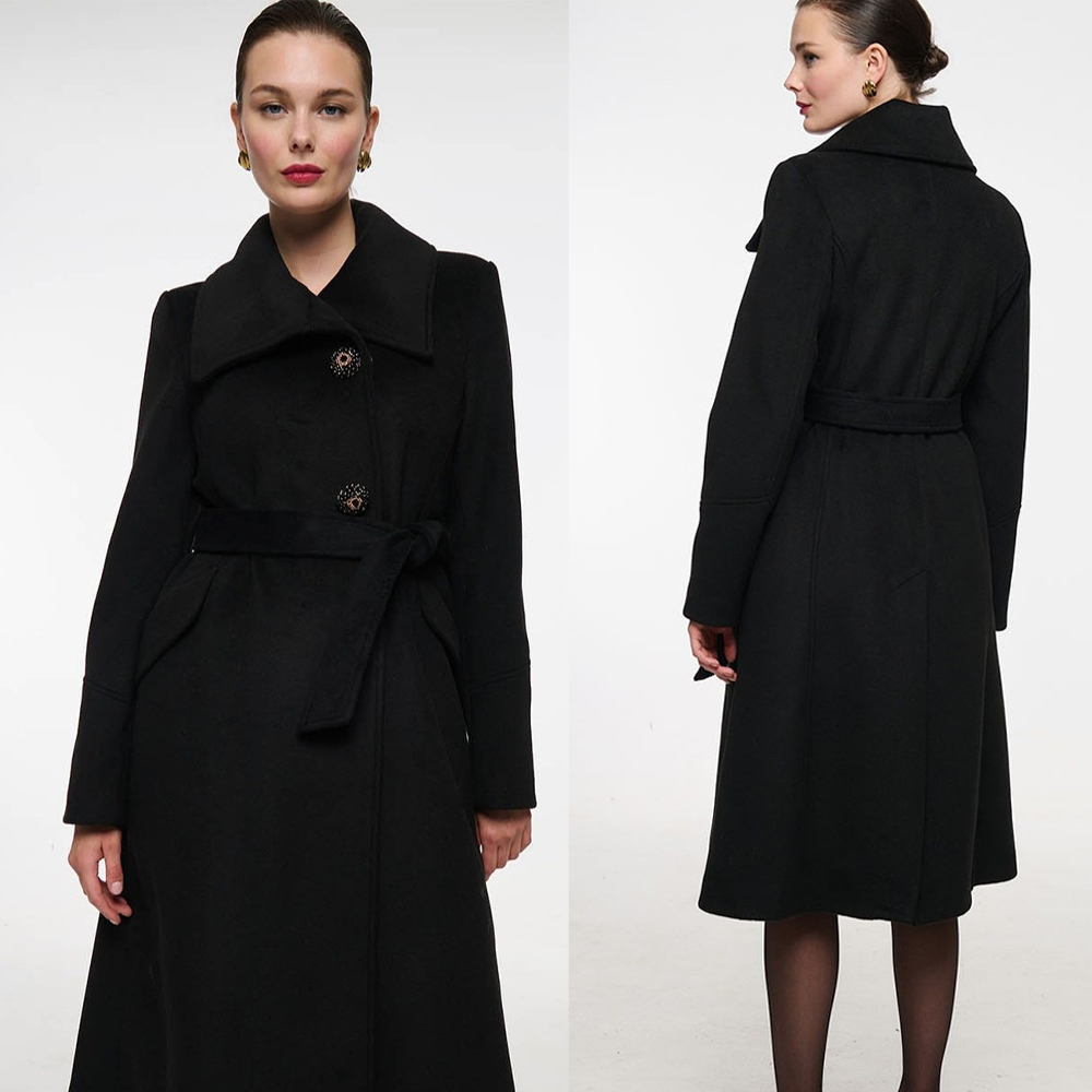 ヴィンテージ風黒スタンドカラー女性用ウールコート、プラスサイ - Women'S Formal Wear Plus Size のレビューと価格