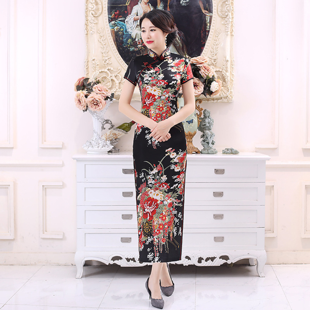 クラシックなサテンチャイナドレス、花柄プリント、女性用エレガ - Women'S Formal Wear Plus Size のレビューと価格